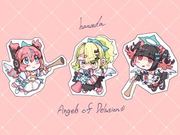 3girls angel_wings artist_name bandaid bandaid_hair_ornament black_hair black_skirt blonde_hair blue_eyes blue_hair blue_streaks blush chibi chibi_only chinatsu_remiel closed_mouth colored_inner_hair commentary_request dress earpiece earrings english_text fur-trimmed_skirt fur_trim green_eyes green_halo hair_ornament halo hanada_(cobalt003) highres holding holding_instrument holding_megaphone holding_trumpet instrument jewelry looking_down looking_up megaphone multicolored_hair multiple_girls multiple_hair_clips musical_note_earrings open_mouth pink_arm_warmers pink_background pink_bag pink_hair ponytail red_eyes ring_hair_ornament rokudu_sariel shirt short_twintails skirt smile streaked_hair striped_arm_warmers too_many_bows trumpet twintails white_dress white_shirt white_wings winged_bag wings yutane_johiel zenless_zone_zero