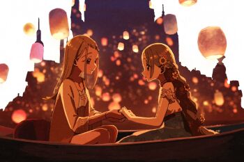 2girls boat camisole cardigan dress flower gakuen_idolmaster garryaoki hair_flower hair_ornament highres holding_hands idolmaster kuramoto_china lantern light_smile long_hair long_skirt medium_hair multiple_girls paper_lantern scene_reference shinosawa_hiro skirt sky_lantern sunflower sunflower_hair_ornament tangled watercraft white_dress yuri