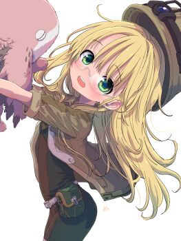 1girl absurdres belt belt_pouch black_bodysuit blonde_hair blush bodysuit brown_helmet brown_jacket commentary_request cowboy_shot creature from_side glasses green_eyes headlamp helmet highres holding holding_creature jacket long_hair looking_at_viewer loose_hair_strand made_in_abyss meinya_(made_in_abyss) mining_helmet open_clothes open_jacket open_mouth pouch riko_(made_in_abyss) rimless_eyewear sekaineko_001 simple_background solo teeth three-quarter_sleeves upper_teeth_only white_background white_belt