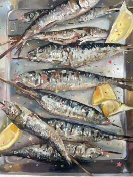 Rule 34 | absurdres, britton arts, commentary, english commentary, fish, food, fruit, highres, lemon, lemon slice, no humans, original, sardine, skewer, sprinkles, tray