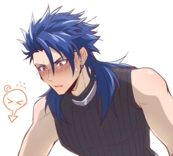 Rule 34 | > <, 0nodera, 1boy, black shirt, blush, commentary request, cu chulainn (fate), cu chulainn (fate/prototype), earrings, embarrassed, fang, fate/grand order, fate (series), flying sweatdrops, fujimaru ritsuka (female), implied hetero, jewelry, long sleeves, male focus, open mouth, red eyes, ribbed shirt, shirt, skin fang, solo, spoken expression