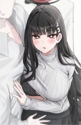 Rule 34 | 1boy, 1girl, black bra, black hair, black halo, black pantyhose, blue archive, bra, bright pupils, clothes lift, hair ornament, hairpin, halo, hand on another&#039;s chest, highres, kazawa ushi, long hair, pantyhose, red eyes, ribbed sweater, rio (blue archive), saliva, sweat, sweater, sweater lift, turtleneck, turtleneck sweater, underwear, white pupils, white sweater