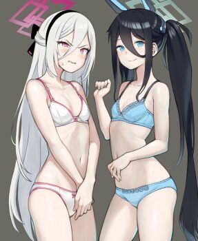 Rule 34 | 2girls, aris (armed) (blue archive), aris (blue archive), bare shoulders, black hair, blue archive, blue bra, blue eyes, blue panties, blush, bow, bow panties, bra, breasts, closed mouth, commentary request, cowboy shot, hair between eyes, halo, headgear, highres, kei (blue archive), kei (new body) (blue archive), lace, lace-trimmed bra, lace-trimmed panties, lace trim, long hair, looking at viewer, multiple girls, nabe20202, navel, panties, pink eyes, ringed eyes, simple background, small breasts, sweat, twintails, underwear, underwear only, very long hair, white bra, white hair, white panties
