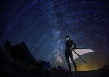 Rule 34 | 1boy, absurdres, black coat, black hair, coat, commentary request, gj9158, head tilt, highres, holding, holding sheath, korean commentary, male focus, night, omniscient reader's viewpoint, open clothes, open coat, outdoors, overexposure, popped collar, scabbard, sheath, short hair, solo, space, standing, star trail, wind, wind lift, yoo joonghyuk