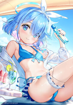 1girl arona_(blue_archive) ass bare_legs bare_shoulders beach bikini blue_archive blue_bikini blue_eyes blue_hair blue_halo blue_sky blush bow bow_hairband breasts child choker cleavage cloud cloudy_sky colored_inner_hair cup day drink drinking_glass drinking_straw flat_chest food frilled_bikini frills fruit fujima_takuya full_body hair_between_eyes hair_bow hair_ornament hair_over_one_eye hairband halo highres ice ice_cube jacket looking_at_viewer lying multicolored_hair navel off_shoulder on_back one_eye_covered outdoors ramune see-through_clothes see-through_jacket short_hair sitting sky small_breasts smile solo swimsuit thighs two-tone_hair watermelon watermelon_slice white_hairband