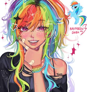 1girl aegyo_sal artist_name bandaid bandaid_on_cheek bandaid_on_face bandaid_on_finger bandaid_on_hand bead_bracelet beads black_nails black_shirt blood blush bra_strap bracelet braces breasts character_name commentary earrings english_commentary face_piercing finger_to_own_chin hair_ornament hairclip highres humanization jewelry lightning_bolt_symbol lip_piercing looking_at_viewer medium_breasts mole mole_under_mouth multicolored_hair my_little_pony my_little_pony:_friendship_is_magic nosebleed official_art_inset open_mouth piercing pink_blood pink_eyes portrait rainbow_bracelet rainbow_dash rainbow_hair roots_(hair) shirt simple_background single_bare_shoulder single_off_shoulder smile solo star_(symbol) star_in_eye stud_earrings symbol_in_eye torn_clothes torn_shirt tuna.biodegradable white_background