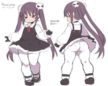 1girl ass black_gloves deformed gloves grin hair_ornament henrietta_(zankuro) loli long_hair original panties pantyhose red_eyes simple_background sketch skull_hair_ornament smile twintails underwear upskirt white_background white_pantyhose zankuro