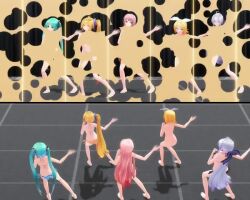 3d 5girls ahoge akita_neru animated aqua_eyes aqua_hair arm_tattoo ass audible_music back barefoot bikini black_bikini blonde_hair blue_bikini blush breasts bubble_filter completely_nude covering_ass covering_breasts covering_crotch covering_privates dancing embarrassed feet female_focus from_above from_behind full_body hair_ornament hair_ribbon hairclip hand_on_own_hip hatsune_miku humiliation kagamine_rin long_hair looking_at_viewer megurine_luka mikumikudance_(medium) multiple_girls music navel nude number_tattoo one_eye_closed pink_bikini pink_hair red_bikini red_eyes ribbon short_hair side-tie_bikini_bottom side_ponytail small_breasts sound stage standing striped_bikini striped_clothes swimsuit tattoo toes twintails uep20 unworn_bikini unworn_clothes very_long_hair video viewfinder vocaloid white_hair white_ribbon yellow_bikini yowane_haku