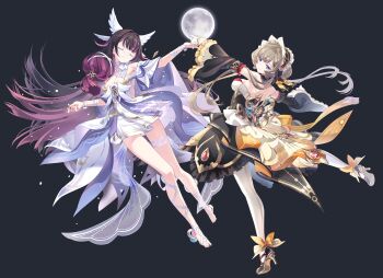 Rule 34 | 2girls, arm ribbon, bare shoulders, black background, black collar, black hair, black sleeves, blue eyes, bonnet, bow, bowtie, breasts, brown hair, cleavage, closed eyes, closed mouth, collar, columbina (genshin impact), commentary request, detached collar, detached sleeves, dress, eye mask, full body, full moon, genshin impact, gloves, h2so4, hair flaps, hair ornament, head wings, headdress, high heels, highres, holding hands, invisible shoes, leg ribbon, long hair, long sidelocks, long sleeves, mask, moon, multicolored hair, multiple girls, multiple wings, open mouth, pantyhose, purple hair, purple streaks, ribbon, sandrone (genshin impact), see-through clothes, see-through mask, short hair with long locks, sidelocks, simple background, smile, streaked hair, thigh strap, two-tone hair, very long hair, white dress, white headdress, white mask, white pantyhose, white wings, winding key, wing hair ornament, wings, wrist bow, x-shaped eyewear