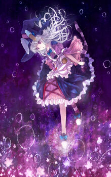 1girl animal_ears animal_hat barefoot baseball_bat bow bowtie fake_animal_ears female_focus full_body hair_between_eyes hat hat_bow irisu_kyouko irisu_shoukougun! long_hair nail_(hardware) nail_bat puffy_short_sleeves puffy_sleeves rabbit_ears rabbit_hat red_eyes short_sleeves sidelocks silver_hair single_thighhigh solo striped_clothes striped_thighhighs thighhighs unworn_thighhighs witch_hat yakka