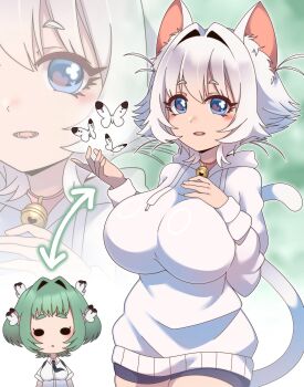 Rule 34 | 2girls, animal ear fluff, animal ears, arrow (symbol), bell, bike shorts, blue eyes, breasts, bug, butterfly, butterfly on head, cat ears, cat tail, chibi, chibi inset, collar, commentary, cowboy shot, drawstring, english commentary, erigo, fang, green hair, hair intakes, hand on own chest, heart, heart in eye, highres, hood, hood down, hoodie, huge breasts, insect, jacket, jingle bell, kimi no koto ga dai dai dai dai daisuki na 100-nin no kanojo, long sleeves, looking at viewer, multiple girls, neck bell, nekonari tama, no pants, open clothes, open jacket, pink collar, short hair, smile, solid circle eyes, symbol in eye, tail, triangle mouth, white hair, white hoodie, yasashiki yamame, zoom layer