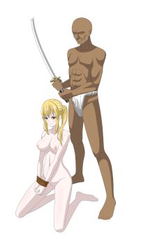 1boy 1girl absurdres blonde_hair breasts execution highres katana large_breasts long_hair nude pmh ponytail sword weapon yellow_eyes