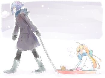 1boy 1girl artoria_caster_(fate) artoria_pendragon_(fate) black_coat black_gloves black_scarf blaulilie110 blonde_hair blue_hair boots breath coat commentary_request earmuffs fate/grand_order fate_(series) gloves grey_boots highres jacket long_hair mittens oberon_(fate) oberon_(third_ascension)_(fate) pink_mittens pulling scarf sitting sled snowing white_jacket winter_clothes winter_coat