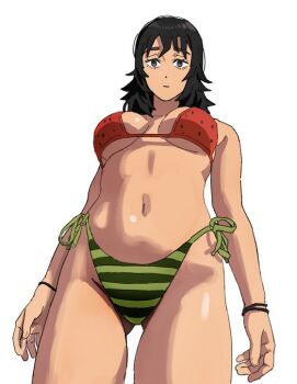1girl anya_(mouthwashing) arms_at_sides bikini black_eyes black_hair bracelet breasts closed_mouth commentary cowboy_shot english_commentary food_print from_behind fruit_print green_bikini jewelry looking_at_viewer medium_breasts medium_hair mouthwashing navel print_bikini red_bikini shiren_(ourboy83) side-tie_bikini_bottom simple_background solo stomach swimsuit watermelon_print white_background