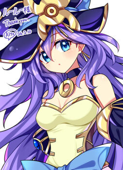 Rule 34 | 1girl, bare shoulders, black hat, blue eyes, breasts, cleavage, commentary request, commission, dress, duel monster, earrings, hat, jewelry, kanemitsu411, nightmare apprentice, purple hair, simple background, skeb commission, small breasts, solo, upper body, white background, yellow dress, yu-gi-oh!