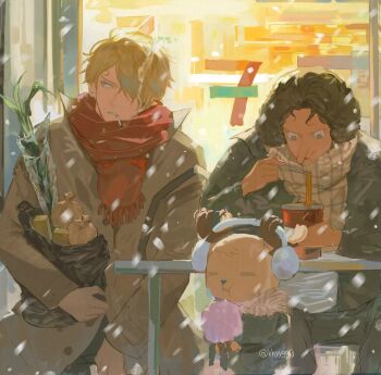 Rule 34 | 3boys, 7-eleven, black hair, blonde hair, brown coat, cigarette, coat, cotton candy, curly eyebrows, earmuffs, food, hair over one eye, hhyy090, highres, holding, holding cotton candy, holding food, long nose, multiple boys, one piece, red scarf, sanji (one piece), scarf, short hair, snowing, tony tony chopper, twitter username, usopp