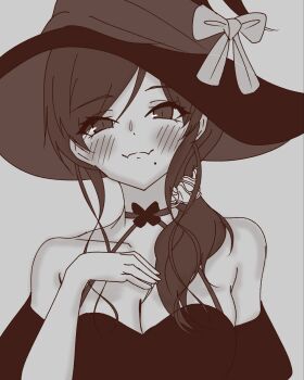 Rule 34 | 1girl, :3, bare shoulders, black dress, black hat, blush, breasts, brown hair, choker, dress, hat, hat ribbon, highres, large breasts, looking at viewer, mole, mole under eye, monochrome, noel (tsukihime), ribbon, smile, tadano mash, tsukihime, tsukihime (remake), upper body, witch hat