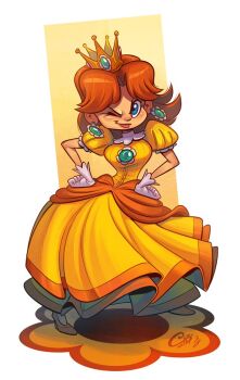1girl brown_hair curlypencil dress earrings flower_earrings gloves hands_on_own_hips jewelry long_hair looking_at_viewer mario_(series) nintendo one_eye_closed orange_dress princess_daisy puffy_short_sleeves puffy_sleeves short_sleeves signature white_gloves