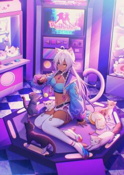 ahoge animal animal_ears breasts cat cat_girl dark-skinned_female dark_skin ev-oo full_body heterochromia high_heels highres jacket karaoke long_hair medium_breasts on_floor open_mouth platform sleeping smile stretching tail thighhighs white_hair