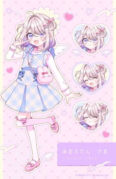 Rule 34 | 1girl, :3, :d, ^ ^, ahoge, amae ten, artist name, blue dress, blush, bow, candy hair ornament, character name, closed eyes, closed mouth, commentary request, copyright notice, dress, first stage production, food-themed hair ornament, footwear bow, frilled sleeves, frilled thighhighs, frills, full body, grey hair, hair intakes, hair ornament, hand up, heart, heart background, highres, index finger raised, kuzumochi (hgnon82), long sleeves, looking at viewer, medium hair, multiple views, official art, open mouth, outline, over-kneehighs, pinafore dress, pink background, pink bow, pink shirt, pink shoes, pink thighhighs, plaid clothes, plaid dress, purple eyes, shirt, shoes, sidelocks, sleeveless, sleeveless dress, smile, standing, standing on one leg, star (symbol), thighhighs, two side up, virtual youtuber, yellow outline