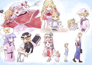 6+girls age_progression aged_down alice_margatroid alice_margatroid_(pc-98) anger_vein baby baby_animal bed_sheet bird black_boots black_hat blonde_hair blue_hair blue_headband blue_shoes blue_skirt blush book boots bow bow_headband briefcase capelet chick closed_mouth cutting doll dress fabric feathered_wings food fork frilled_headband grimoire_of_alice hair_bobbles hair_ornament hat hat_ornament headband heart highres holding holding_back holding_book holding_briefcase holding_doll holding_fork holding_knife hug knife long_hair looking_to_the_side louise_(touhou) lovelobten mai_(touhou) maid_headdress medium_hair motion_lines multiple_girls multiple_views mystic_square open_mouth pink_dress pink_hair pink_headband plate ponytail pout puffy_short_sleeves puffy_sleeves red_dress red_eyes sara_(touhou) shanghai_doll shinki_(touhou) shirt shoes short_hair short_sleeves sitting_on_shoulder skirt smile speech_bubble squiggle steak sweatdrop table teasing thought_bubble touhou touhou_(pc-98) watercolor_background watercolor_effect wavy_hair white_bow white_capelet white_hat white_shirt wings yellow_eyes yuki_(touhou) yumeko_(touhou)