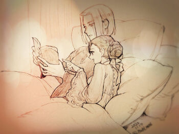 1boy 1girl bed book commentary_request dated ferdinand_(honzuki_no_gekokujou) hair_bun hair_ribbon hitsuki_(hiidukii) holding holding_book honzuki_no_gekokujou mole mole_under_eye myne_(honzuki_no_gekokujou) nightgown open_mouth pillow pointing reading ribbon sepia single_hair_bun traditional_media twitter_username