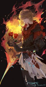 Rule 34 | 1boy, artist name, black background, black gloves, black pantyhose, black shirt, blonde hair, cowboy shot, earrings, final fantasy, final fantasy xvi, fire, flower, gloves, hair between eyes, highres, holding, holding flower, jewelry, joshua rosfield, male focus, neckerchief, pantyhose, red flower, red neckerchief, red rose, rose, shirt, short hair, solo, umie44