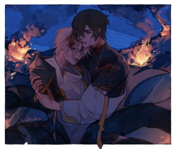 Rule 34 | 2boys, ahoge, artist name, black coat, black eyes, black hair, black pants, black shirt, blood, blood in hair, blood on clothes, blood on face, blood on hands, border, caelus (honkai: star rail), chinese clothes, closed eyes, coat, commentary, crying, crying with eyes open, dan heng (honkai: star rail), dan heng (hunt) (honkai: star rail), empty eyes, english commentary, feet out of frame, fire, grey hair, hair between eyes, highres, honkai: star rail, honkai (series), hood, hooded coat, hug, injury, lips, long sleeves, looking at another, male focus, multiple boys, open clothes, open coat, outdoors, pants, senta lia, shirt, short hair, t-shirt, tears, teeth, torn clothes, torn coat, torn pants, torn shirt, trailblazer (honkai: star rail), v-shaped eyebrows, watermark, white border, white coat, white shirt