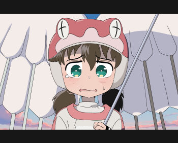 Rule 34 | 1girl, absurdres, alien nine, brown hair, commentary, frog hat, green eyes, highres, leims (urje8584), letterboxed, ootani yuri, open mouth, solo, tearing up, tears, twintails, wavy mouth