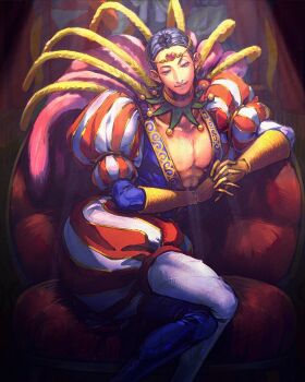 1boy black_hair circlet cocked_eyebrow dragon_quest dragon_quest_xi feet_out_of_frame gem gloves hair_slicked_back heart-shaped_gem highres male_focus medium_hair own_hands_clasped own_hands_together pants parted_lips pectorals pink_gem plunging_neckline sitting smile solo striped_clothes striped_pants striped_sleeves sun_lett_zatta sylvia_(dq11) yellow_gloves