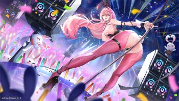 1girl absurdres animal_ears artist_name ass bent_over black_leotard breasts ceiling cleavage commentary_request confetti dutch_angle fake_animal_ears fake_tail floating_hair from_behind full_body glowstick goddess_of_victory:_nikke green_eyes groin hanh_chu heart high_heels highres holding holding_pole large_breasts leotard light_particles long_hair looking_at_viewer mole mole_under_eye official_alternate_costume open_mouth pantyhose pink_hair pink_pantyhose playboy_bunny pole rabbit rabbit_ears rabbit_tail shibari shibari_over_clothes sideboob speaker stage stage_lights strapless stripper_pole tail teeth thigh_strap tongue tongue_out turning_head upper_teeth_only velvet_(nikke) velvet_(sensual_rabbit)_(nikke) very_long_hair