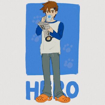 1boy alternate_costume alternate_eye_color antenna_hair bright_pupils brown_eyes brown_hair character_name coffee_mug crocs cup full_body grey_pants hair_ornament hairclip hero_(faraway)_(omori) hero_(omori) highres holding holding_cup holding_newspaper long_sleeves male_focus msdnno_kabe mug newspaper omori orange_shoes pants raglan_sleeves shirt shoes short_hair solo sweatpants white_pupils white_shirt
