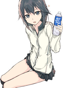 1girl black_hair black_skirt bottle commentary hayasui_(kancolle) holding holding_bottle invisible_chair kantai_collection long_sleeves looking_at_viewer medium_hair miniskirt pleated_skirt pocari_sweat shirt simple_background sitting skirt solo thigh_gap white_background white_shirt yukitake_(bullfalk)