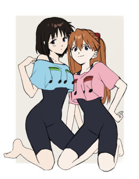Rule 34 | 2girls, bare shoulders, barefoot, black leotard, blue eyes, blue shirt, border, breasts, brown background, brown hair, closed mouth, commentary request, full body, genderswap, genderswap (mtf), hand on own hip, hand up, highres, ikari shinji, interface headset (evangelion), kneeling, leotard, light smile, long hair, looking at viewer, matching outfits, medium breasts, multiple girls, musical note, musical note print, nana 10214, neon genesis evangelion, orange hair, outside border, pink shirt, print shirt, shirt, short hair, short sleeves, simple background, souryuu asuka langley, white border