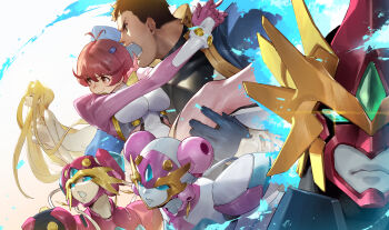 2boys 4girls antenna_hair aoi_anna armor arms_around_neck black_bodysuit blonde_hair blue_bodysuit blue_eyes blue_fire blue_gem bodysuit brown_hair carrying carrying_person closed_eyes commentary_request completely_nude couple expressionless fire flaming_head flipped_hair forehead_jewel from_side gem go_okusaer godannar green_eyes green_gem hair_ornament highres impossible_clothes impossible_leotard leotard long_hair mecha mecha_focus mecha_pilot_suit melonplus mira_ackerman multicolored_armor multicolored_bodysuit multicolored_leotard multiple_boys multiple_girls muscular muscular_male neo_okusaer nude open_mouth parted_lips pink_armor pink_leotard portrait princess_carry profile red_armor red_hair robot robot_girl robotomy saruwatari_goo shinkon_gattai_godannar!! short_hair shouting super_robot two-tone_leotard v-shaped_eyebrows very_long_hair very_short_hair white_armor wolf_cut