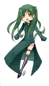 1girl armored_boots black_boots blush boots collared_dress commentary_request d.gray-man deformed dress frilled_skirt frills green_dress green_eyes green_hair hair_over_shoulder kami_i legs lenalee_lee long_dress long_hair long_sleeves looking_at_viewer miniskirt parted_bangs parted_lips side_slit sidelocks simple_background skirt sleeves_past_fingers sleeves_past_wrists solo thigh_strap thighs twintails very_long_hair white_background white_skirt