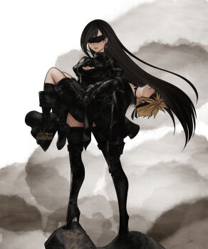 1boy 1girl 2b_(nier:automata) 2b_(nier:automata)_(cosplay) 9s_(nier:automata) 9s_(nier:automata)_(cosplay) absurdres azezazel black_boots black_choker black_dress black_gloves black_hair black_shorts blindfold blonde_hair boots breasts carrying carrying_person choker cleavage_cutout closed_mouth clothing_cutout cloud_strife commentary cosplay dress dust_cloud earrings english_commentary final_fantasy final_fantasy_vii final_fantasy_vii:_ever_crisis full_body gloves high_heels highres jewelry juliet_sleeves long_hair long_sleeves medium_breasts nier:automata nier_(series) nier_reincarnation official_alternate_costume princess_carry puffy_sleeves short_hair shorts signature single_earring spiked_hair standing thigh_boots tifa_lockhart turtleneck turtleneck_dress twitter_username