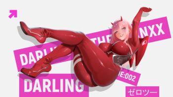 1girl bodysuit breasts darling_in_the_franxx green_eyes highres horns kuro_kotek large_breasts long_hair looking_at_viewer pink_hair red_bodysuit smile solo zero_two_(darling_in_the_franxx)