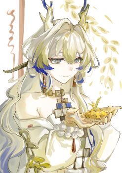 Rule 34 | 1girl, absurdres, arknights, bare shoulders, beads, blonde hair, blue hair, chinese commentary, closed mouth, commentary request, cupping hands, dragon girl, dragon horns, earrings, grey eyes, hair between eyes, hair intakes, highres, holding, horns, jacket, jewelry, long hair, long sleeves, looking down, multicolored hair, necklace, off shoulder, own hands together, plant, qiye2149, shu (arknights), smile, soil, solo, upper body, white background, white hair, white jacket