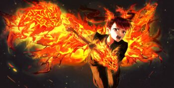 1girl alyssa_(project_moon) ardor_blossom_star_(e.g.o) black_background black_shirt brown_eyes brown_jacket brown_pants collared_shirt e.g.o_(project_moon) fiery_wings fire flaming_weapon hammer highres holding holding_hammer jacket limbus_company long_hair looking_at_viewer open_clothes open_jacket open_mouth pants project_moon red_hair shirt solo swinging_weapon twintails weapon wings york0pm
