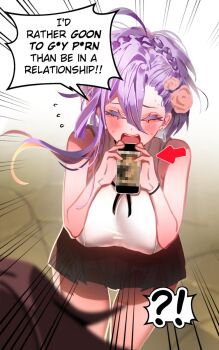 !? 1girl arrow_(symbol) black_skirt blush braid breasts cellphone censored censored_text closed_eyes colored_eyelashes commentary earrings embarrassed emphasis_lines english_commentary english_text facing_viewer flower flying_sweatdrops hair_between_eyes hair_flower hair_ornament highres holding holding_phone jewelry large_breasts medium_hair merryweather miniskirt mosaic_censoring open_mouth original phone purple_hair rejection shirt shouting skirt smartphone solo speech_bubble spoken_interrobang sweat talking white_shirt yukisaki_mayui