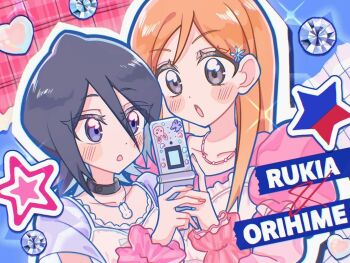Rule 34 | 2025, 2girls, alternate eye color, black hair, bleach, breasts, cellphone, character name, choker, collarbone, flip phone, hair ornament, hairclip, inoue orihime, jewelry, kuchiki rukia, light blush, long hair, looking at phone, medium hair, multiple girls, necklace, open mouth, orange hair, phone, puffy sleeves, small breasts, snowflake hair ornament, sparkle, star symbol, techimi, upper body