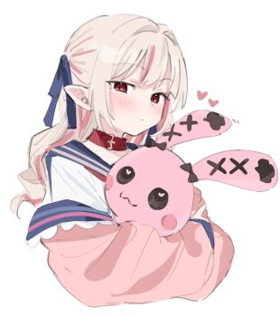 Rule 34 | 1girl, blue sailor collar, brown hair, collar, debitto (makaino ririmu), expressionless, holding, holding stuffed toy, jacket, long hair, look 4rt, looking at viewer, makaino ririmu, makaino ririmu (4th costume), multicolored hair, nijisanji, pink jacket, pointy ears, red eyes, sailor collar, school uniform, serafuku, simple background, sketch, solo, streaked hair, stuffed animal, stuffed rabbit, stuffed toy, two-tone hair, two side up, upper body, virtual youtuber, white background