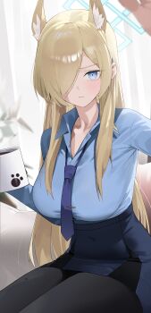 1girl absurdres animal_ear_fluff animal_ears arm_up black_pantyhose blue_archive blue_eyes blue_halo blue_shirt blue_skirt blurry blurry_background blurry_foreground blush breasts coffee collarbone collared_shirt commentary_request cowboy_shot cup dog_ears extra_ears hair_over_one_eye halo hand_up high-waist_skirt highres holding holding_cup indoors kanna_(blue_archive) korean_commentary large_breasts long_hair long_sleeves looking_at_viewer loose_necktie miniskirt mug necktie one_eye_covered pantyhose parted_lips paw_print pencil_skirt plant print_mug purple_necktie reaching reaching_towards_viewer seueo shirt sitting skirt solo tie_clip very_long_hair