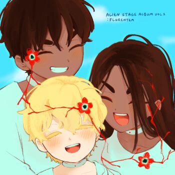 1girl 2boys ^_^ alien_stage blue_background blue_sky brown_hair choker closed_eyes colored_eyelashes commentary copyright_name dark-skinned_female dark-skinned_male dark_skin english_commentary english_text flower highres hyuna_(alien_stage) hyunwoo_(alien_stage) long_hair luka_(alien_stage) mirdilean multiple_boys open_mouth red_flower shirt short_hair sky smile very_short_hair white_choker white_shirt