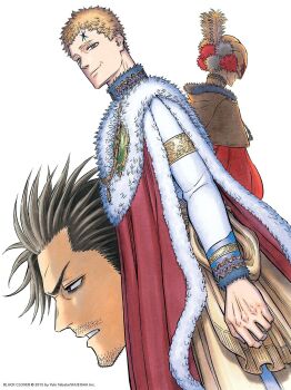 3boys black_clover black_hair blonde_hair brown_eyes english_text facial_hair forehead_tattoo fur_trim highres julius_novachrono multiple_boys official_art short_hair simple_background stubble tabata_yuuki tattoo white_background william_vangeance yami_sukehiro