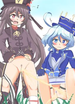 2girls bar_censor blue_eyes blue_gloves blue_hair blue_hat brown_hair censored chinese_clothes chinese_hat clothes_pull flower frown furina_(genshin_impact) gloves hair_flower hair_ornament hat hu_tao_(genshin_impact) multiple_girls open_mouth panties peeing peeing_together pussy red_eyes shorts shorts_pull smile socks squatting standing striped_clothes striped_panties underwear white_shorts white_socks