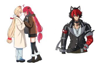 1boy 2girls adjusting_another&#039;s_clothes adjusting_scarf ahoge alice_thymefield alternate_costume animal_ear_fluff animal_ears black_gloves black_hair black_shoes blonde_hair blue_pants blush body_fur braid braided_twintails brown_coat closed_mouth coat collar collarbone dog_boy dog_ears es030103010301 fingerless_gloves from_side gloves green_eyes grey_scarf hair_between_eyes hair_ornament hair_ribbon hand_in_pocket hearing_aid highres jewelry komano_manato long_hair looking_at_another looking_to_the_side multicolored_hair multiple_girls multiple_hair_ribbons multiple_scars muscular muscular_male necklace open_mouth pants pectorals rabbit_ears rabbit_girl red_bandage red_eyes red_hair ribbon scar scar_across_eye scar_on_chest scar_on_face scarf shirt shoes short_hair sphere_hair_ornament spiked_jacket twintails ukinami_yuzuha white_background white_coat white_ribbon white_shirt yuri zenless_zone_zero