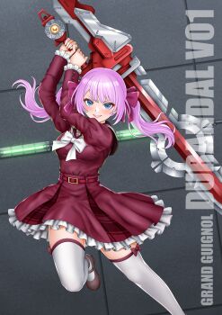 1girl arms_up assault_lily belt belt_buckle blue_eyes blurry blurry_background bow bowtie breasts brown_sailor_collar brown_shoes buckle commentary_request fingernails floating_hair foot_out_of_frame frilled_skirt frilled_sleeves frills grin hair_bow high-waist_skirt highres holding holding_sword holding_weapon imai_tomohiro indoors jewelry juliet_sleeves kanba_girls_high_school_uniform leg_up long_hair long_sleeves looking_at_viewer mary_janes medium_breasts miniskirt parted_lips pink_hair plaid_clothes plaid_skirt puffy_sleeves red_belt red_bow red_shirt red_skirt ring sadamori_himeka sailor_collar school_uniform serafuku shirt shoes skirt smile solo standing standing_on_one_leg sword thigh_bow thighhighs tile_wall tiles twintails two-handed v-shaped_eyebrows weapon weapon_name white_bow white_bowtie white_thighhighs zettai_ryouiki