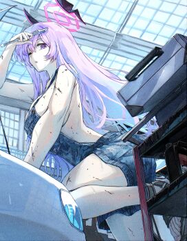 1girl absurdres alternate_costume blue_archive blue_overalls breasts commentary_request floating_headgear hair_down halo headgear highres large_breasts long_hair looking_at_viewer naked_overalls one_eye_closed overalls purple_eyes purple_hair purple_halo sandals sideboob solo sunnysideup sweat toes toolbox utaha_(blue_archive) wrench